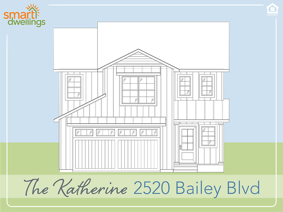 Rendering of charming 2 story home  with blue and green background.